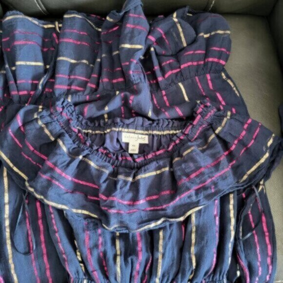 Maison Jules Blue Cotton metallic stripe Ruffe Maxi Dress Women’s XXS - Picture 2 of 12